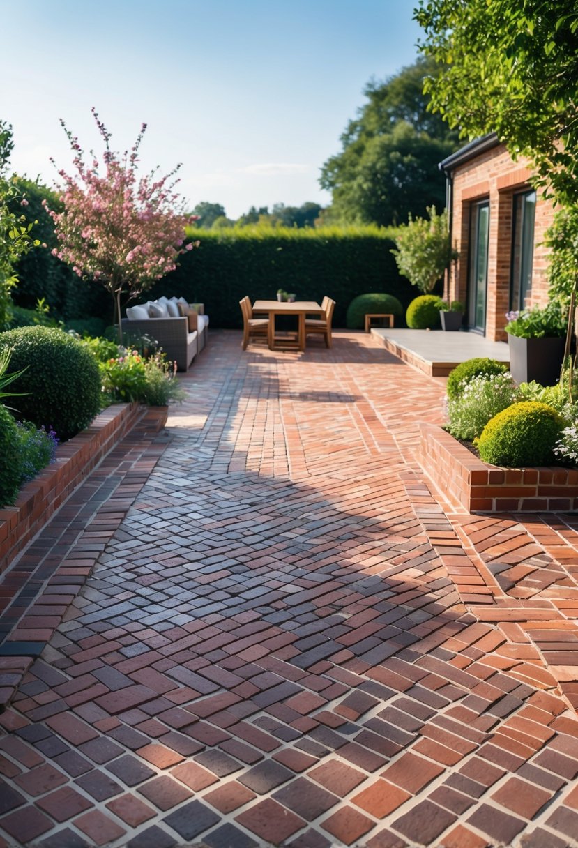 Outdoor patio with a detailed brick herringbone pattern surrounded by plants and outdoor furniture.