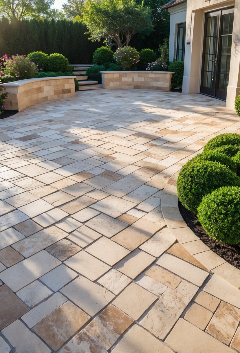 Outdoor patio with natural travertine stone pavers arranged in multiple distinct patterns surrounded by greenery.