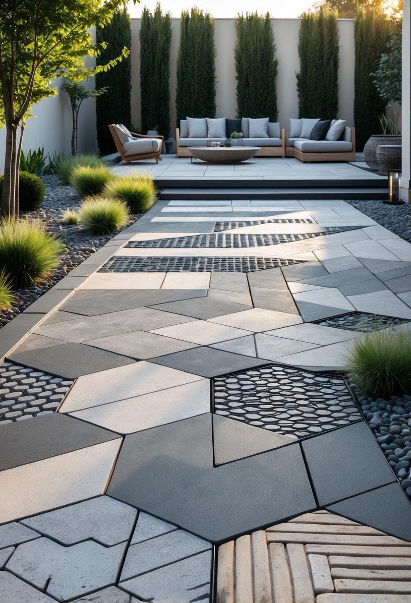 Outdoor patio with various geometric patterned pavers surrounded by plants and minimalistic furniture.