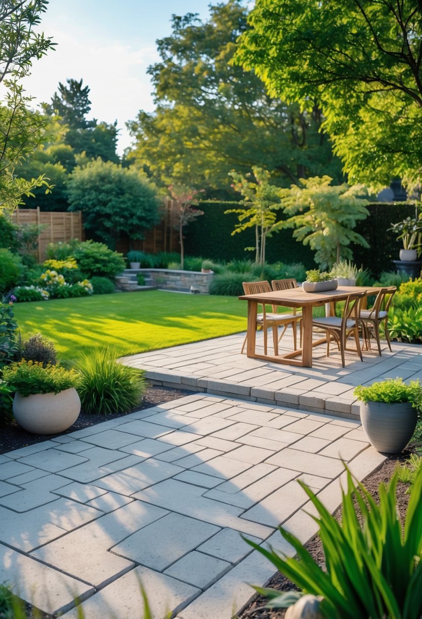 A backyard patio with eco-friendly permeable pavers surrounded by green grass, plants, and outdoor furniture.