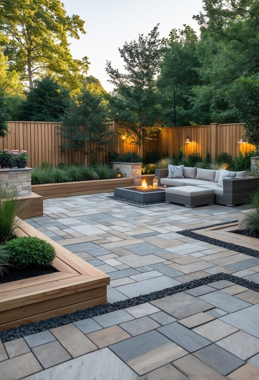Outdoor patio combining wood decking and stone pavers surrounded by plants and outdoor lighting.
