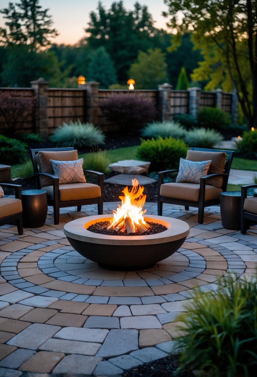 Outdoor fire pit surrounded by stone pavers with chairs and plants around it.