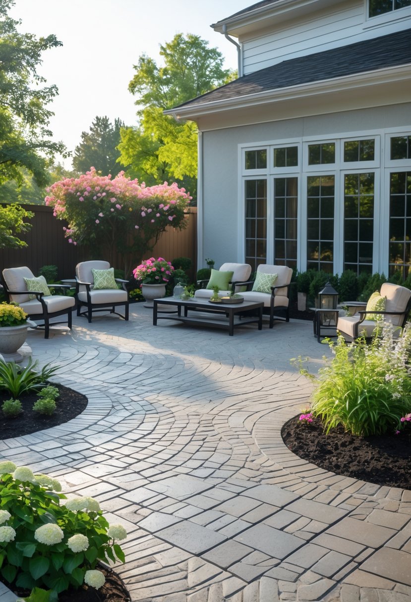 A spacious outdoor patio with patterned concrete pavers, surrounded by plants and outdoor furniture under natural sunlight.