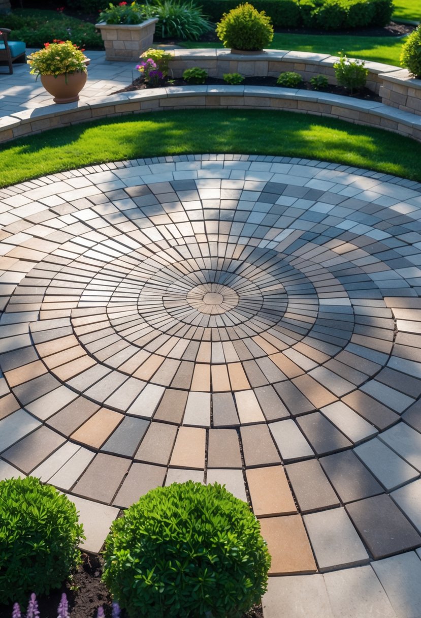 A circular outdoor patio with radiating stone pavers surrounded by green plants and lawn.
