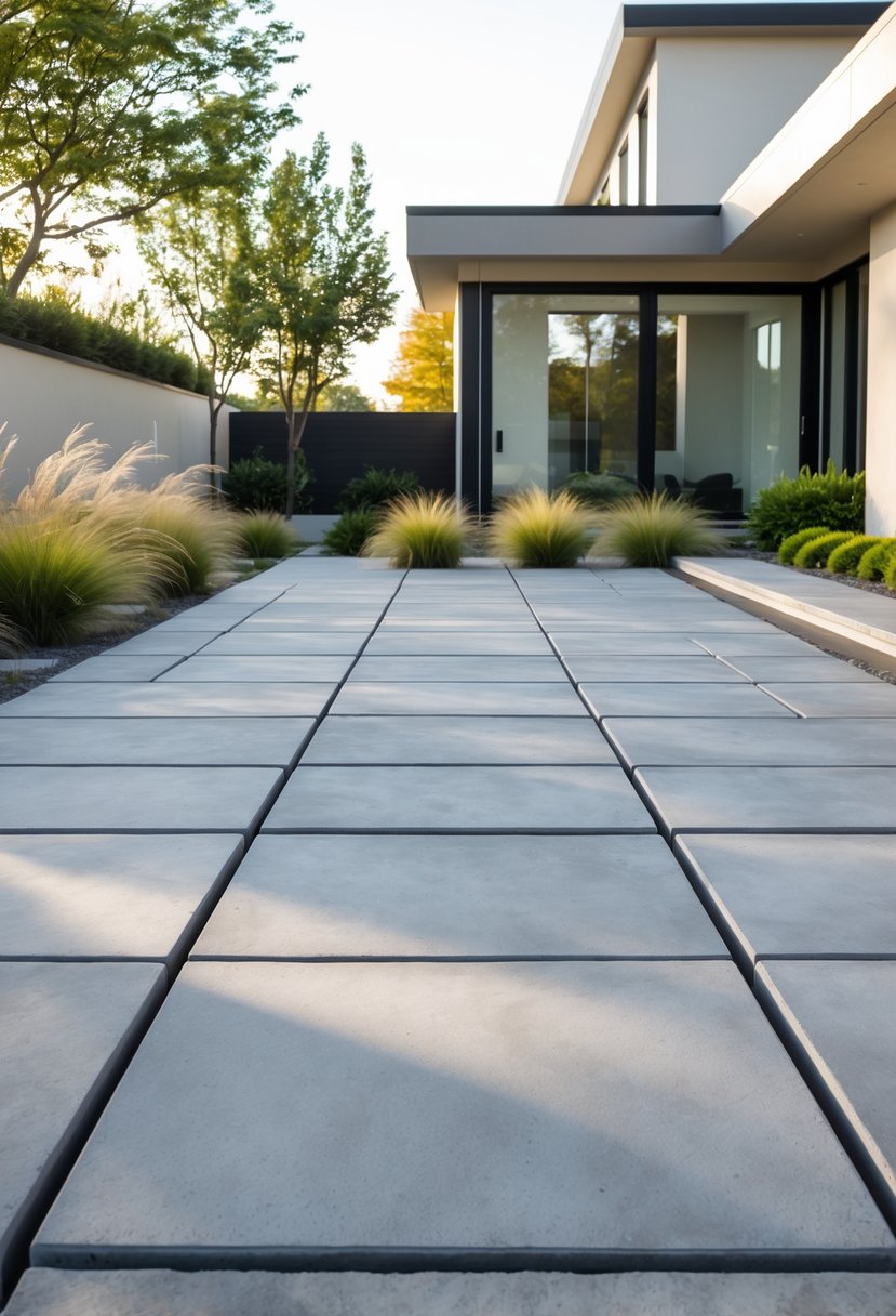 Outdoor patio with large concrete slab pavers arranged in a neat grid pattern surrounded by greenery and a modern house in the background.