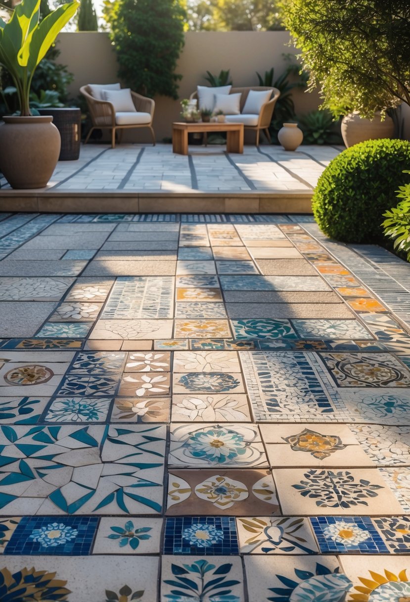An outdoor patio with a detailed mosaic paver inlay featuring fifteen different patterned stone designs surrounded by greenery and outdoor furniture.