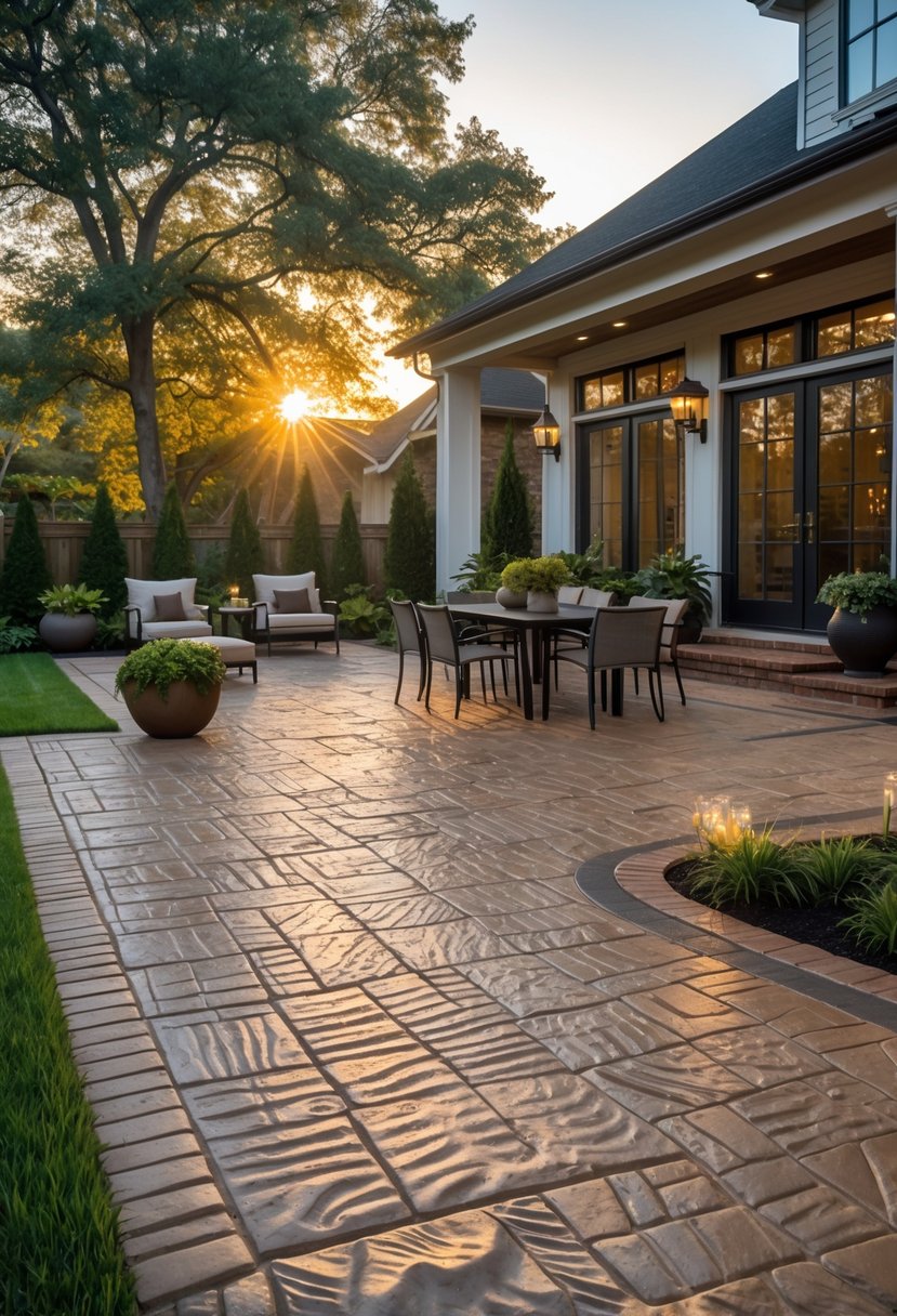 A backyard patio with patterned concrete flooring, outdoor furniture, plants, and a house in the background.