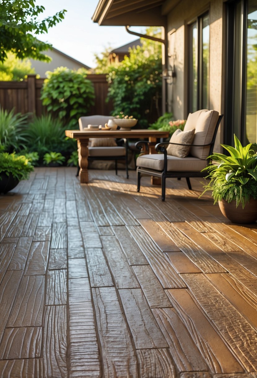 Outdoor patio with wood plank stamped concrete flooring, surrounded by plants and rustic furniture.