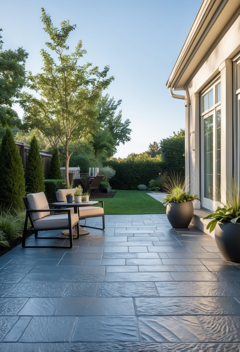 Outdoor patio with slate pattern stamped concrete flooring, surrounded by plants and modern outdoor furniture.