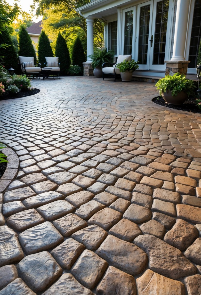 Outdoor patio with cobblestone textured flooring, garden furniture, and surrounding greenery under natural light.
