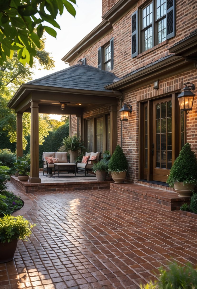 Outdoor patio with brick-patterned stamped concrete, seating area, and plants beside a traditional house.