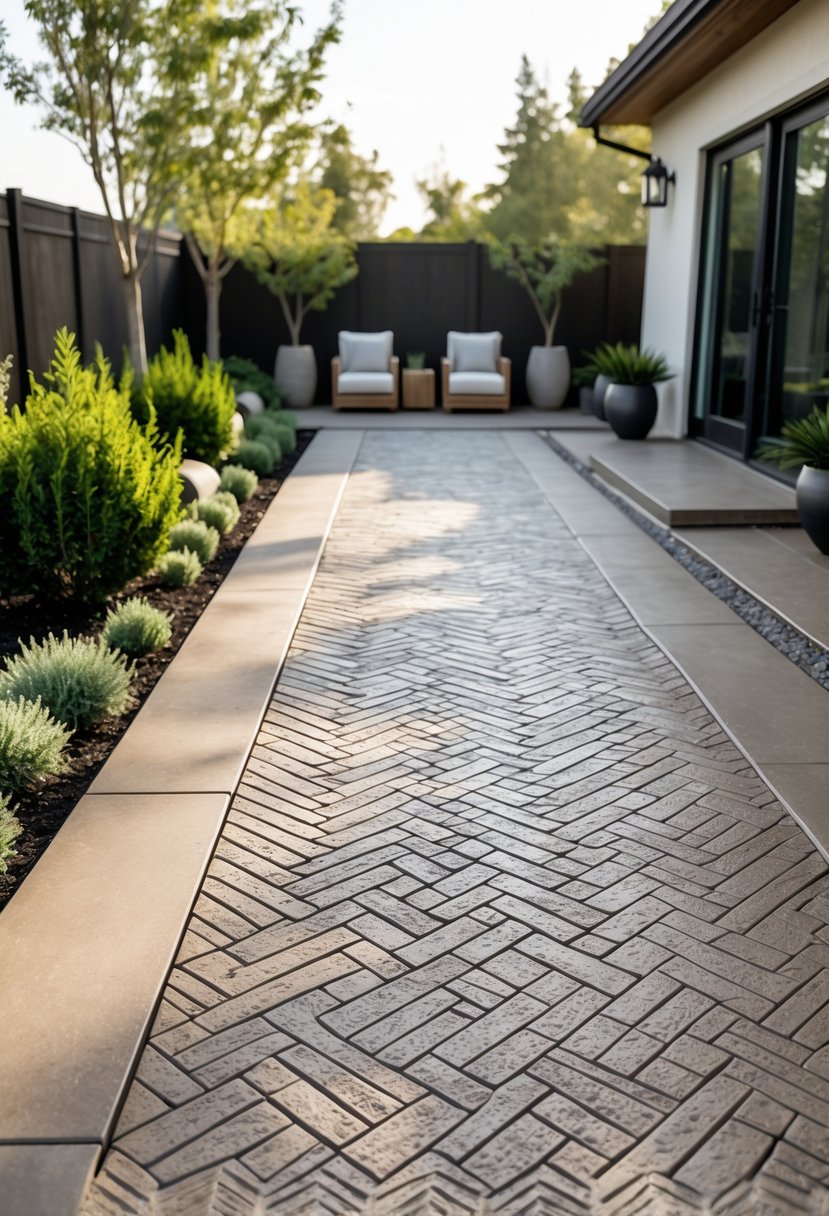 Outdoor patio with a patterned concrete floor and surrounding plants under natural sunlight.