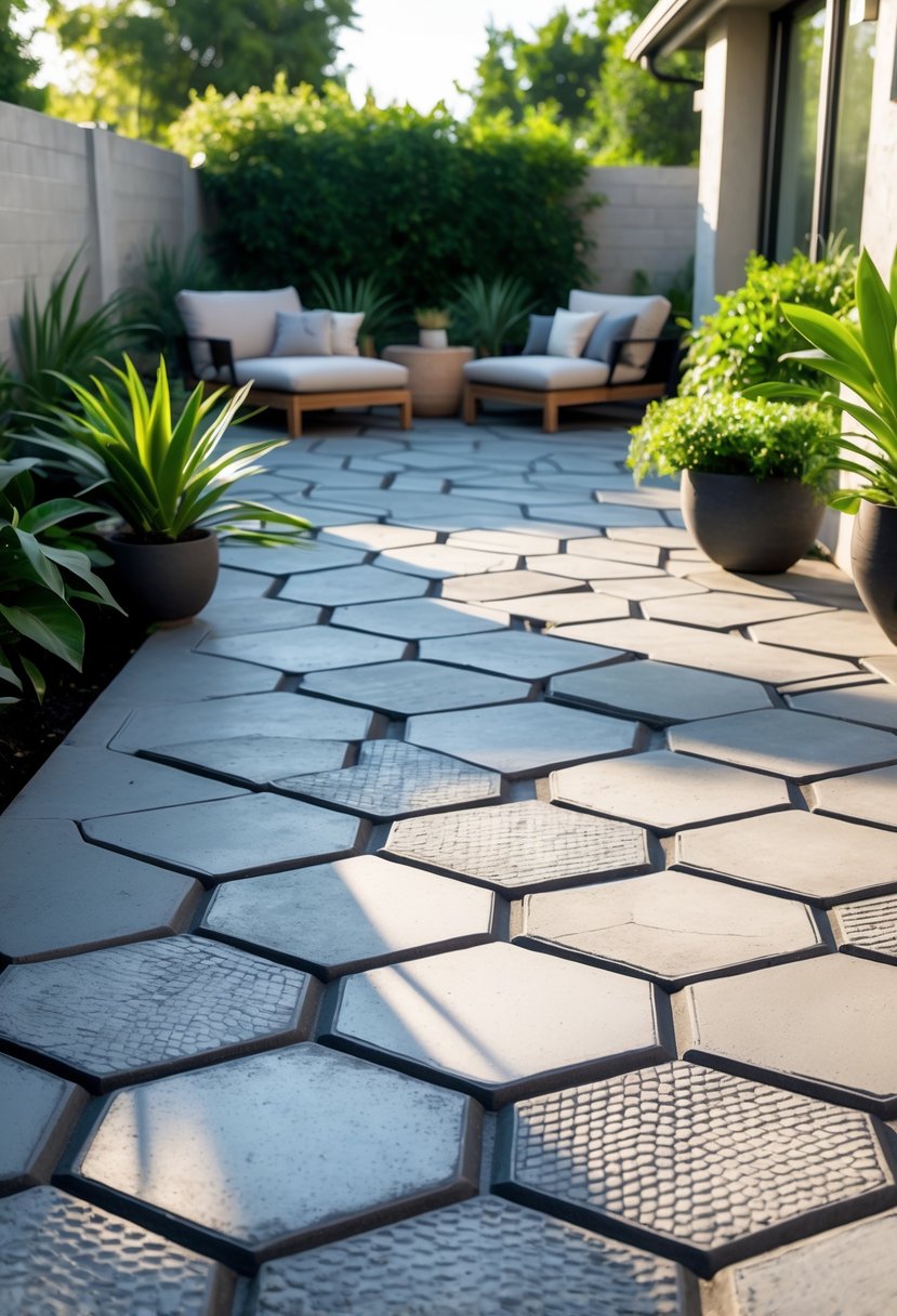 Outdoor patio with hexagonal concrete tiles and surrounding plants and furniture.