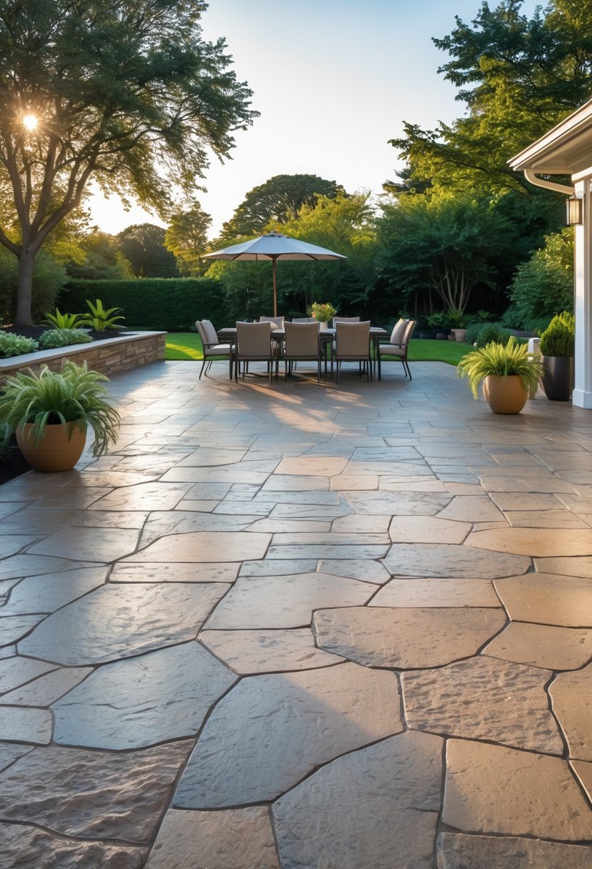 A spacious outdoor patio with large flagstone patterned concrete, outdoor furniture, and surrounding greenery under natural sunlight.