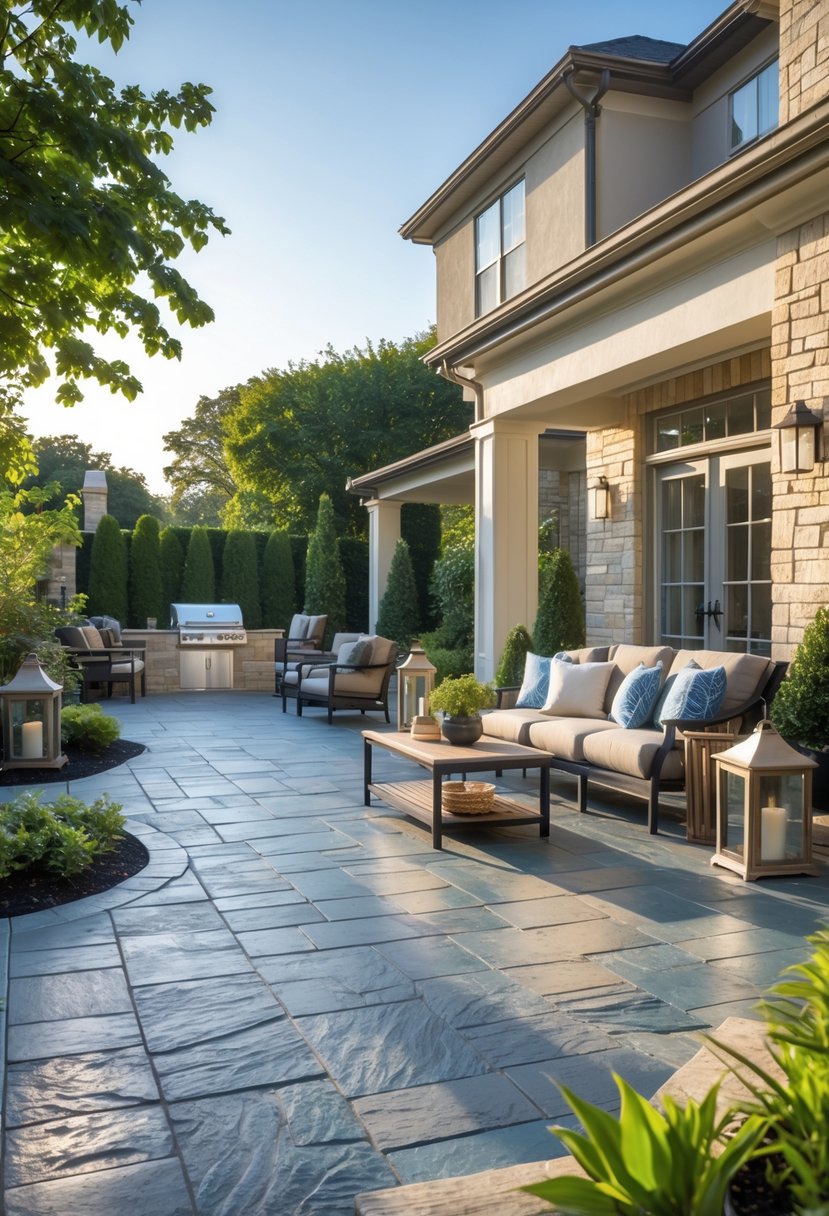 Outdoor patio with ashlar slate patterned concrete floor, modern seating, and surrounding plants under natural sunlight.