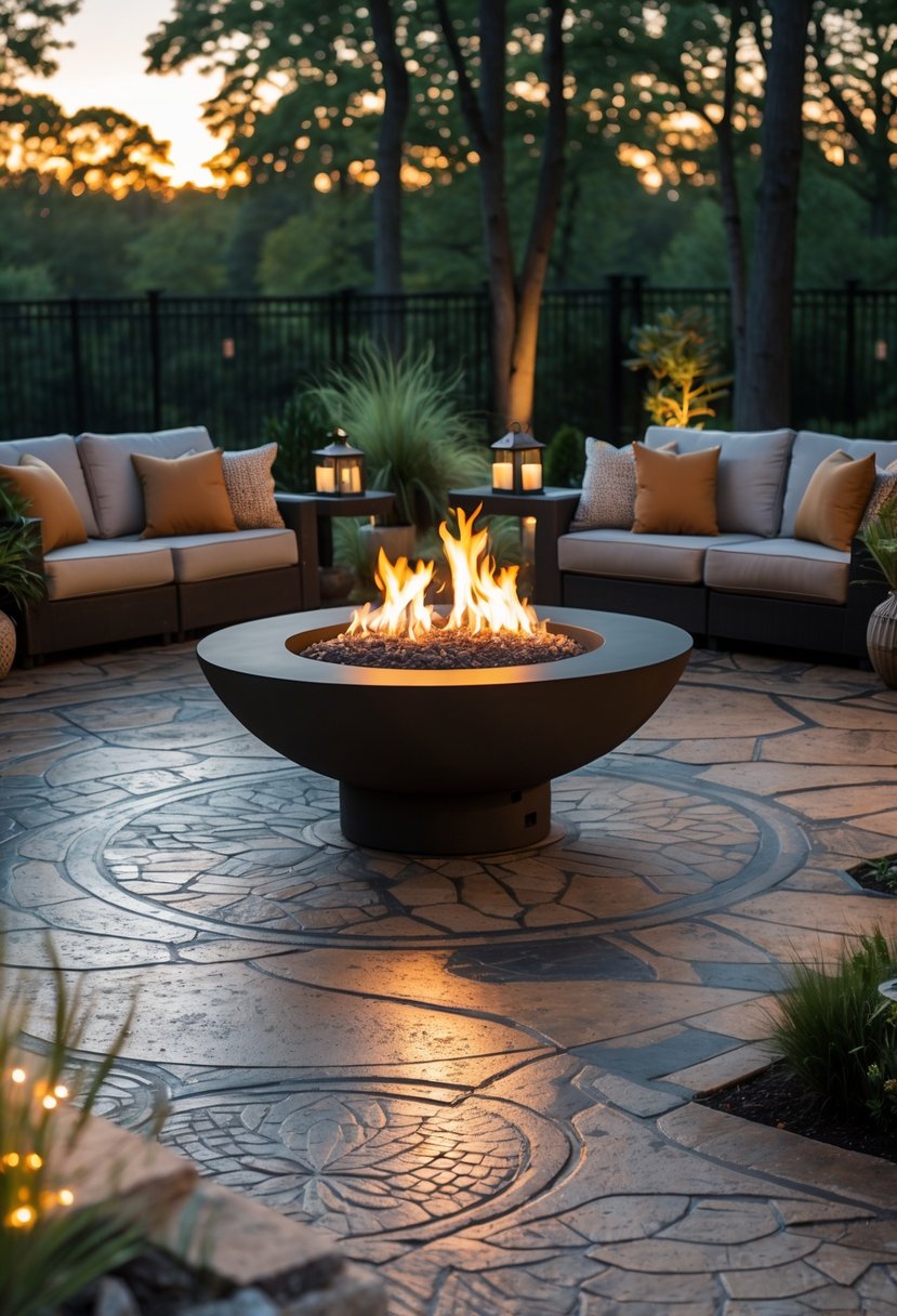 An outdoor patio with a fire pit surrounded by seating and plants.