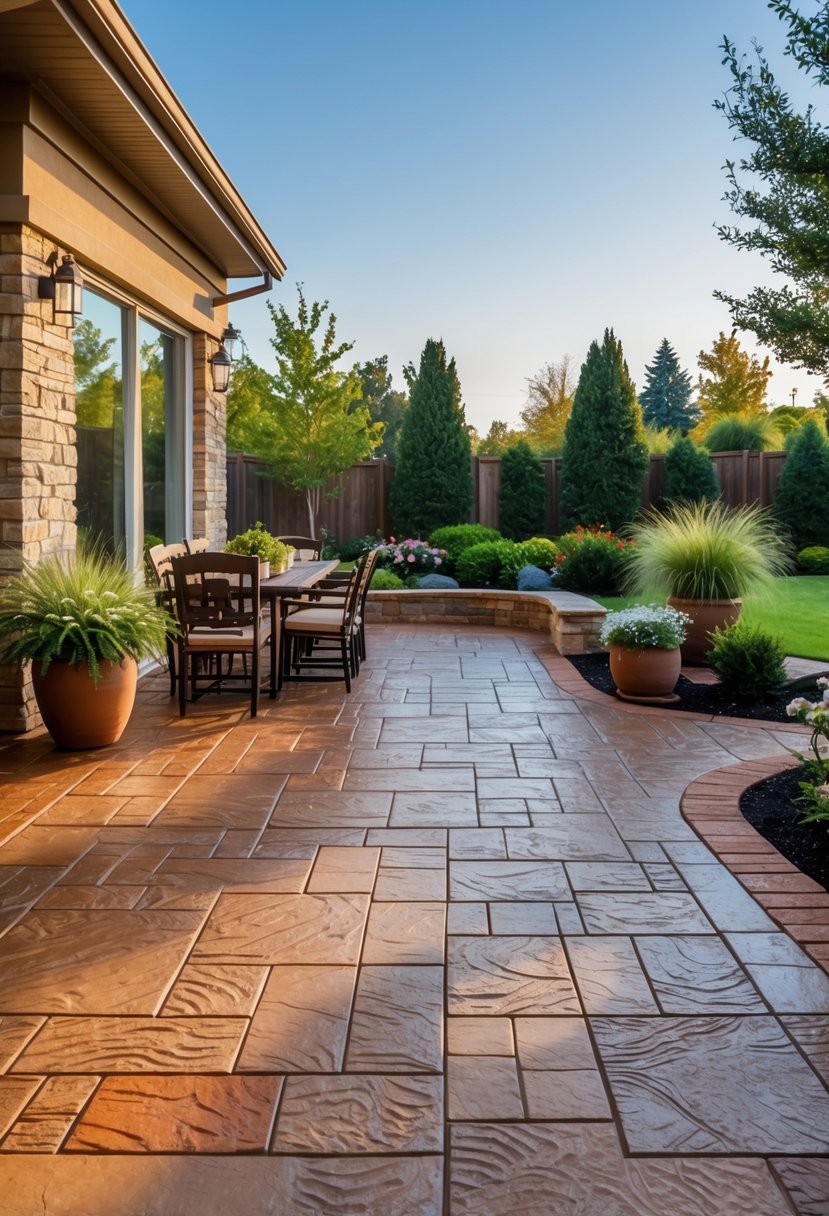 A stamped concrete patio with outdoor furniture and plants in a backyard garden under clear sky.
