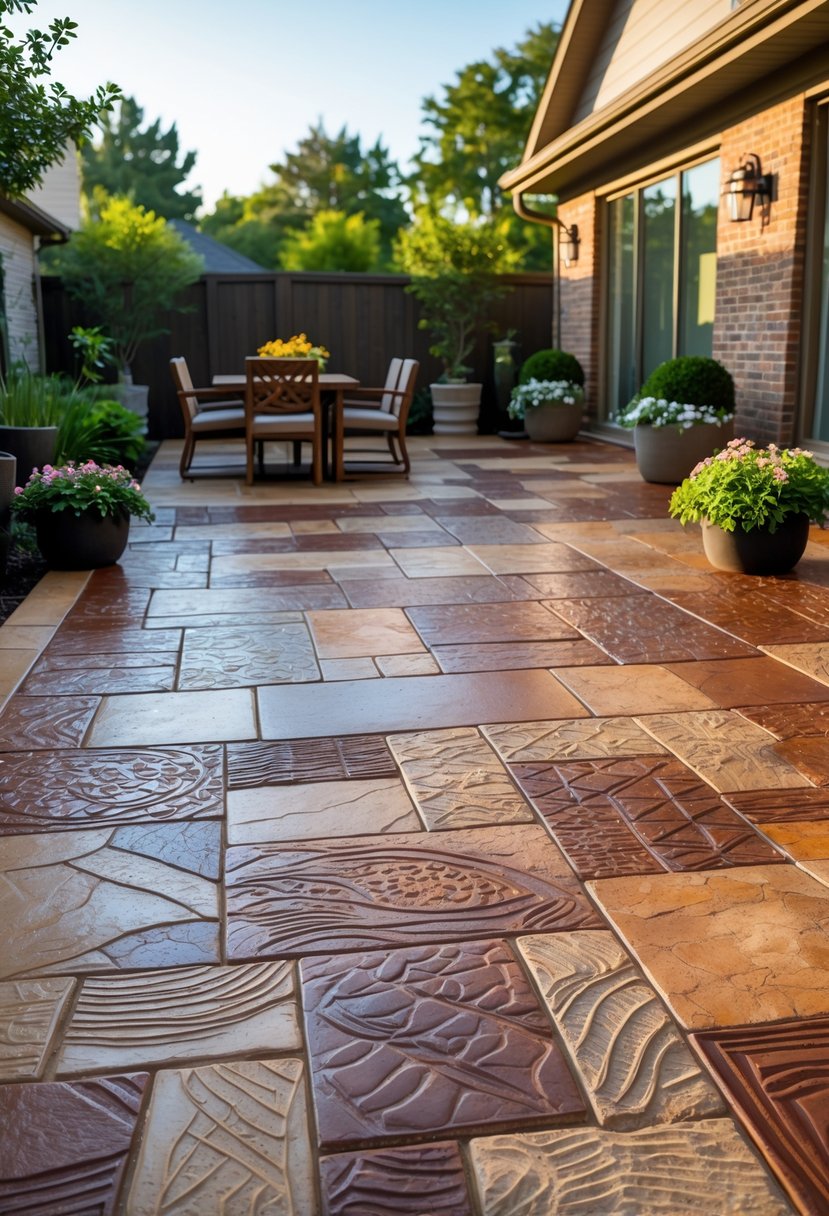 Outdoor patio with multi-color patterned concrete flooring, surrounded by garden plants and outdoor furniture.