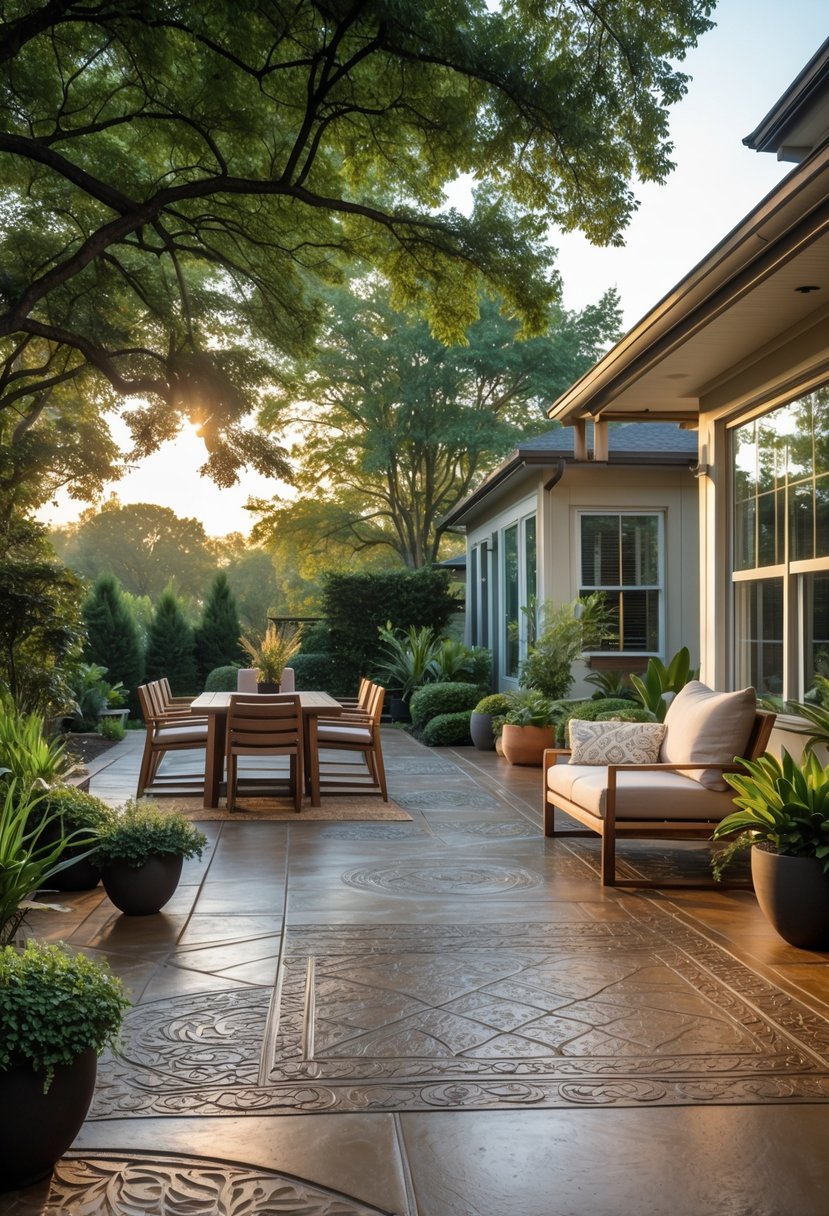 Outdoor patio with patterned concrete flooring, wooden dining table, cushioned chairs, and plants under natural light.