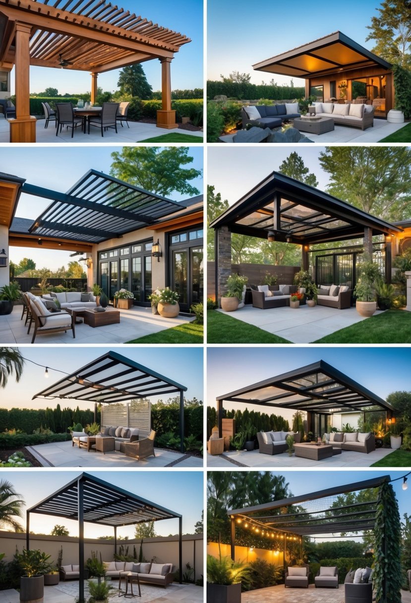 Outdoor scene showing multiple patios with different roof designs, surrounded by plants and outdoor furniture.