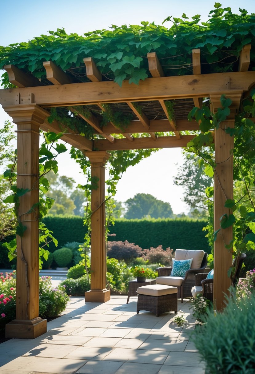 A wooden pergola covered with green climbing vines over a stone patio with outdoor furniture and surrounding garden plants.