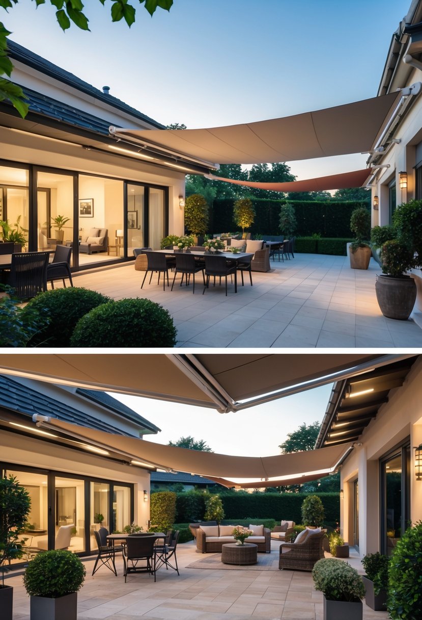 Multiple patios with retractable fabric awnings covering outdoor seating and dining areas surrounded by plants and greenery.
