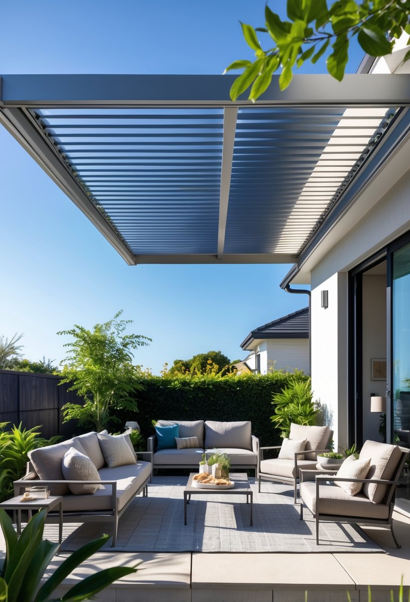 A modern patio with an aluminum louvered roof, outdoor seating, plants, and a clear sky.