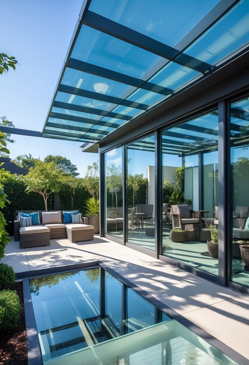 Outdoor patio with transparent glass roof panels, comfortable seating, and surrounding greenery under a clear sky.