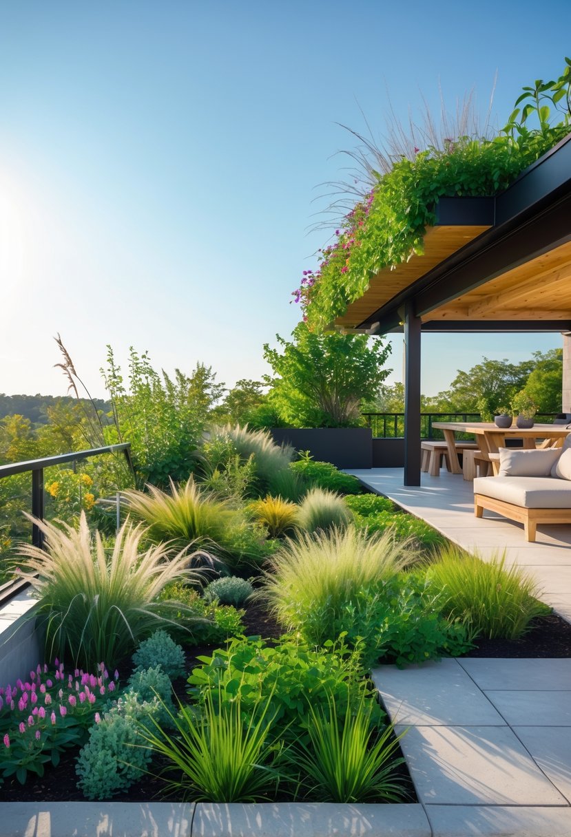 A rooftop patio covered with green plants and native vegetation, featuring seating and wooden accents under a clear sky.