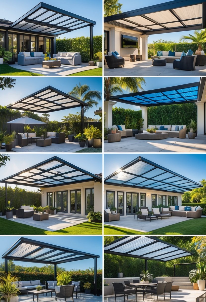 Various patio roof designs made with clear and tinted polycarbonate sheets covering outdoor seating areas in garden settings.