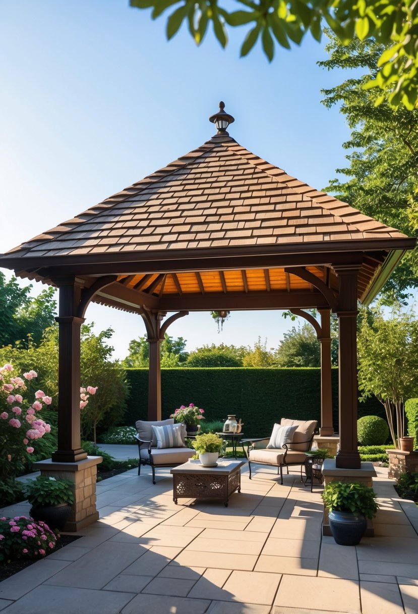 A traditional wooden gazebo with a detailed roof on a patio surrounded by plants and outdoor furniture.