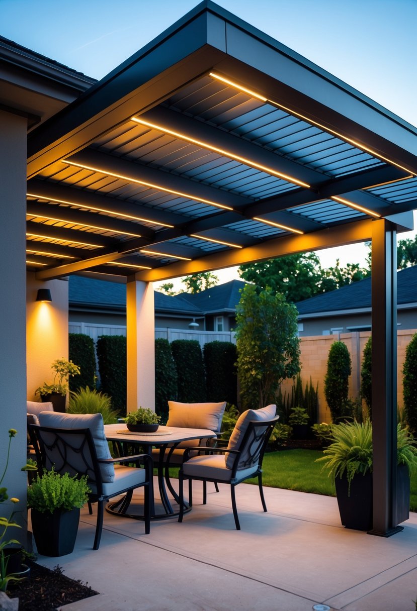 Outdoor patio with a metal roof and built-in lights, furnished with chairs and surrounded by plants.