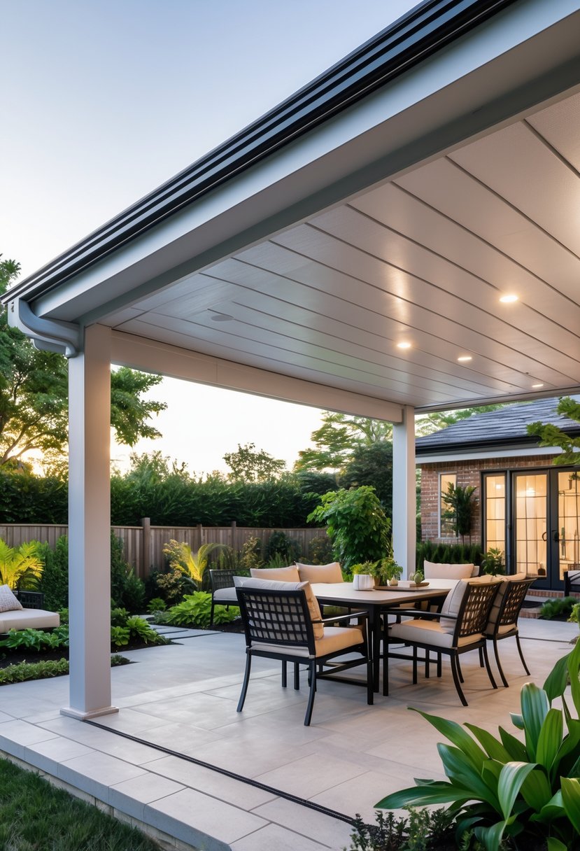 Outdoor patio with a vinyl roof covering comfortable seating and dining area surrounded by plants and garden.