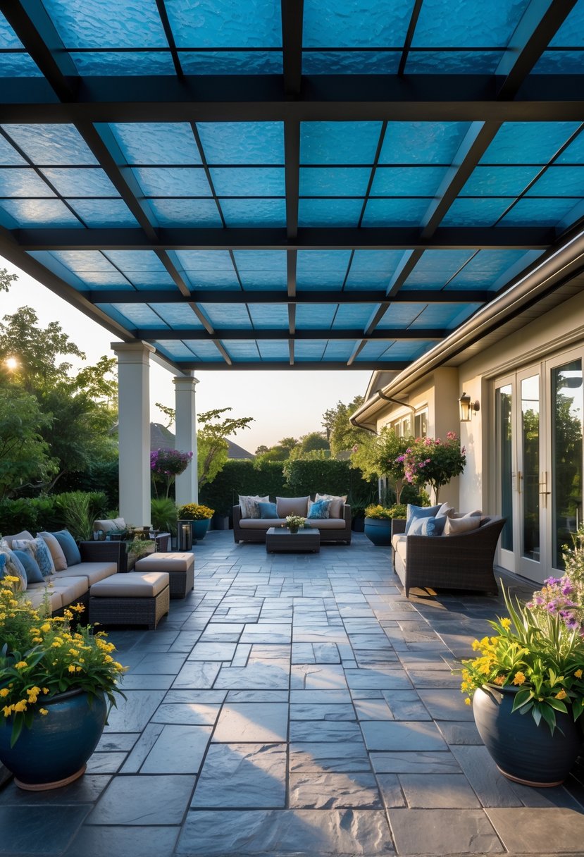 Outdoor patio with a slate tile roof, comfortable seating, and surrounding greenery under a clear sky.