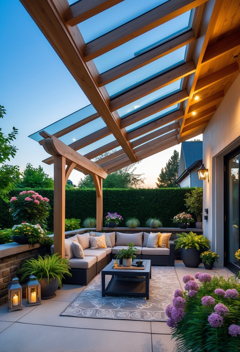 An outdoor patio with a wooden roof, comfortable seating, plants, and soft lighting in a garden setting.