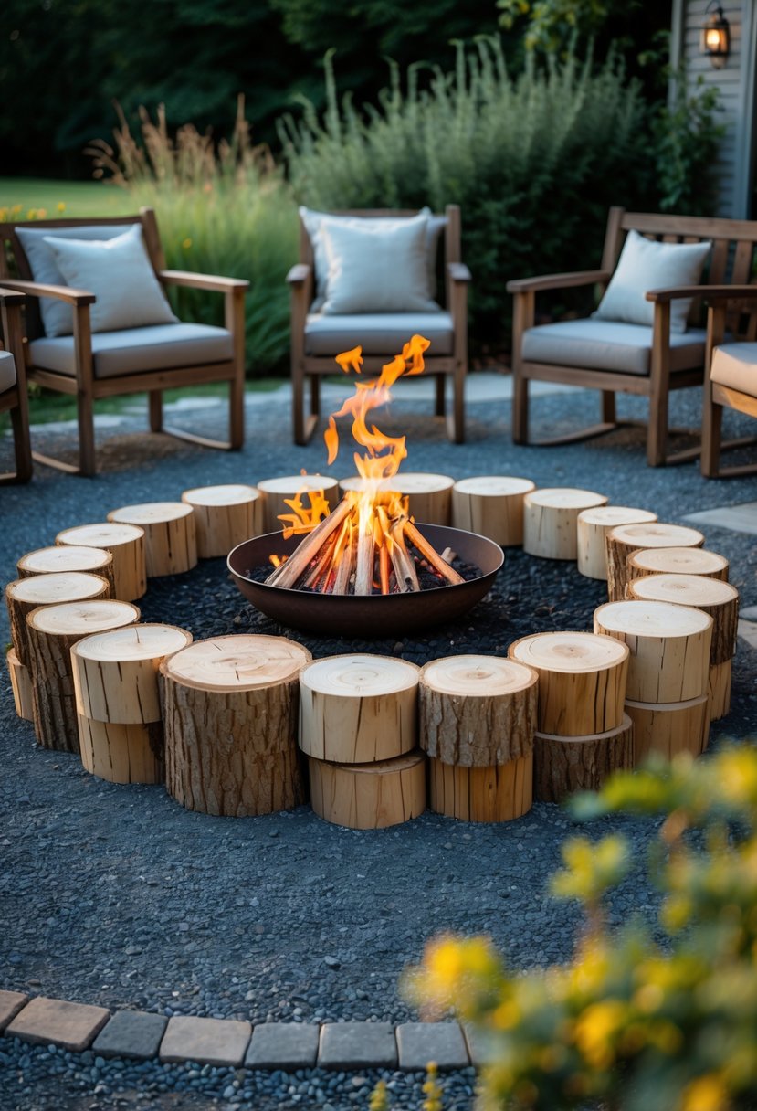 Outdoor fire pit area surrounded by stacked logs on a gravel patio with seating and greenery.