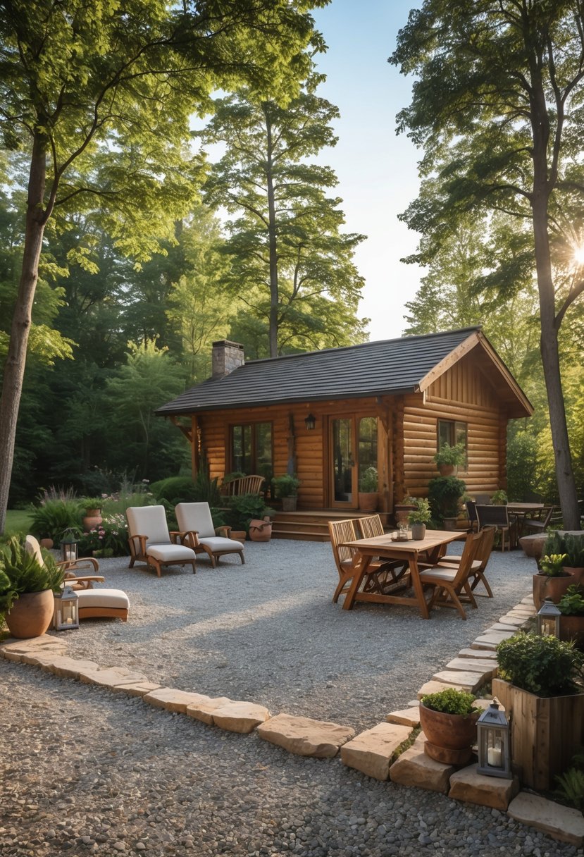 A gravel patio with wooden chairs and a table in front of a wooden cabin surrounded by trees and plants.