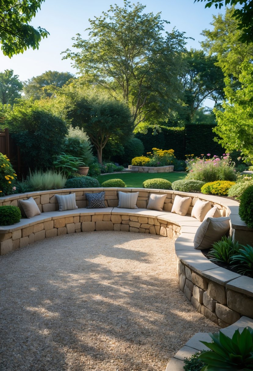 Outdoor gravel patio with built-in stone seating walls surrounded by plants and trees.