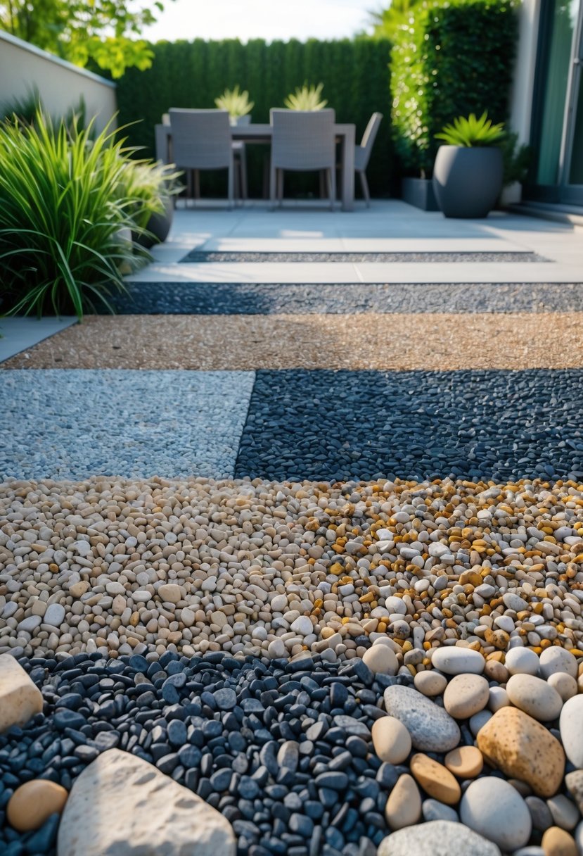 Outdoor patio with sections of different gravel textures arranged for contrast and depth, surrounded by plants and outdoor furniture.