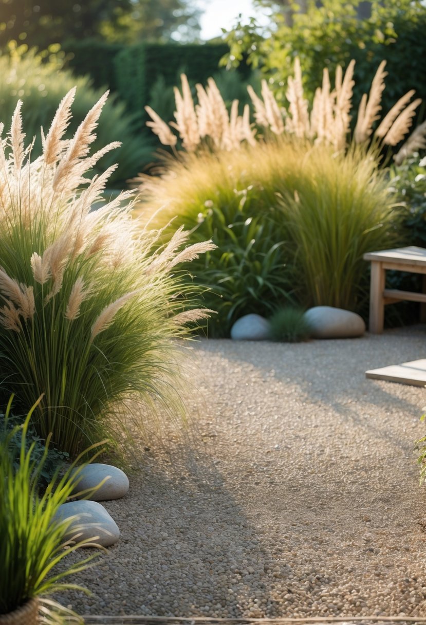 A peaceful gravel patio surrounded by tall ornamental grasses with a wooden bench and garden stones.