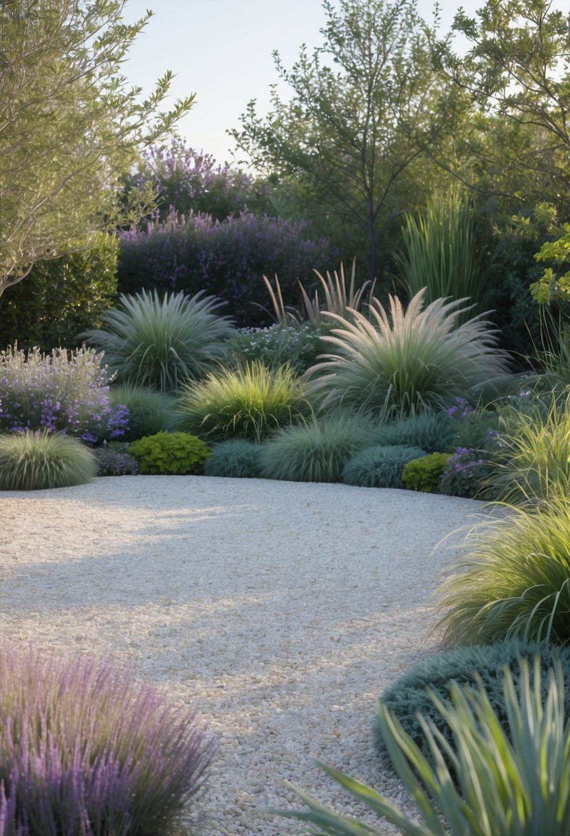 Gravel patio surrounded by various native plants including grasses, shrubs, and small trees.