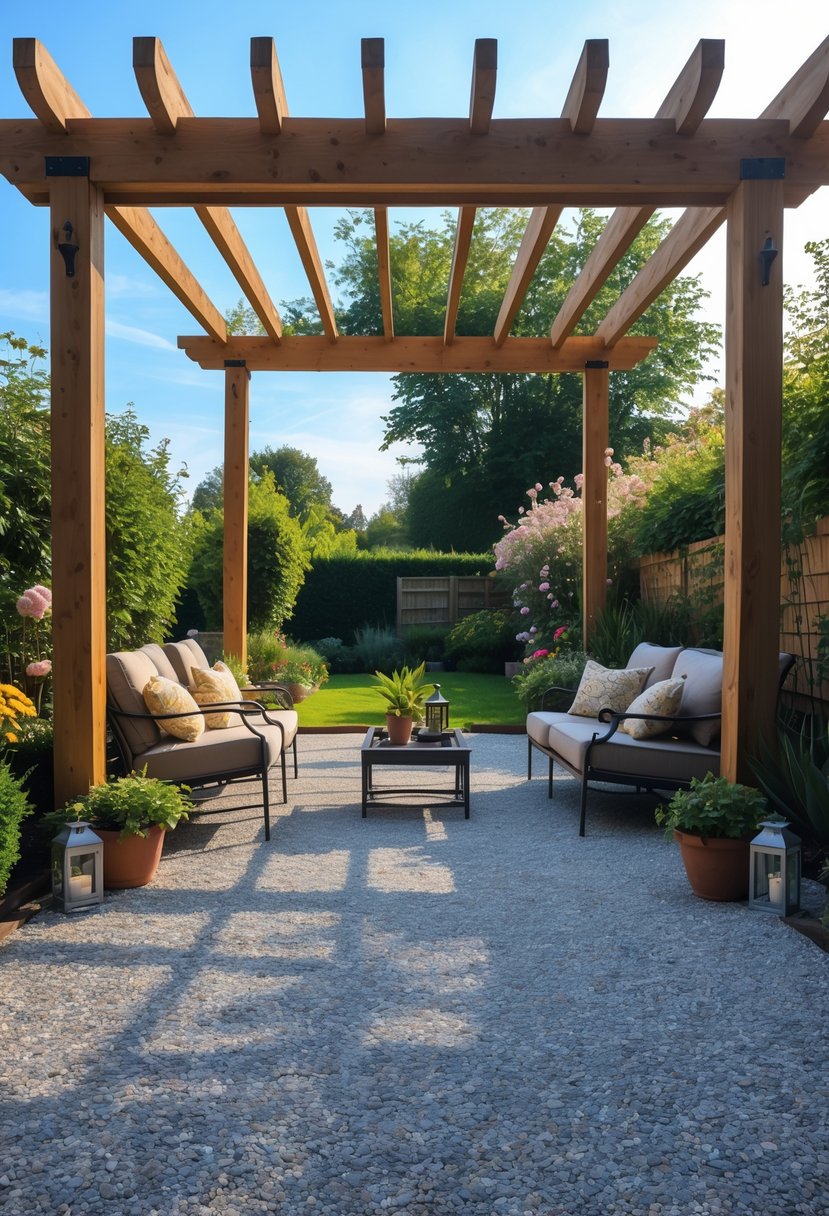 Outdoor gravel patio with a wooden pergola overhead, seating area, and surrounding greenery.