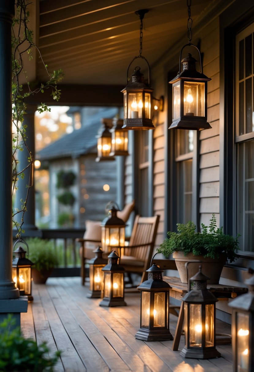 A cozy porch with twelve antique lanterns providing warm ambient lighting, surrounded by rustic furniture and plants.