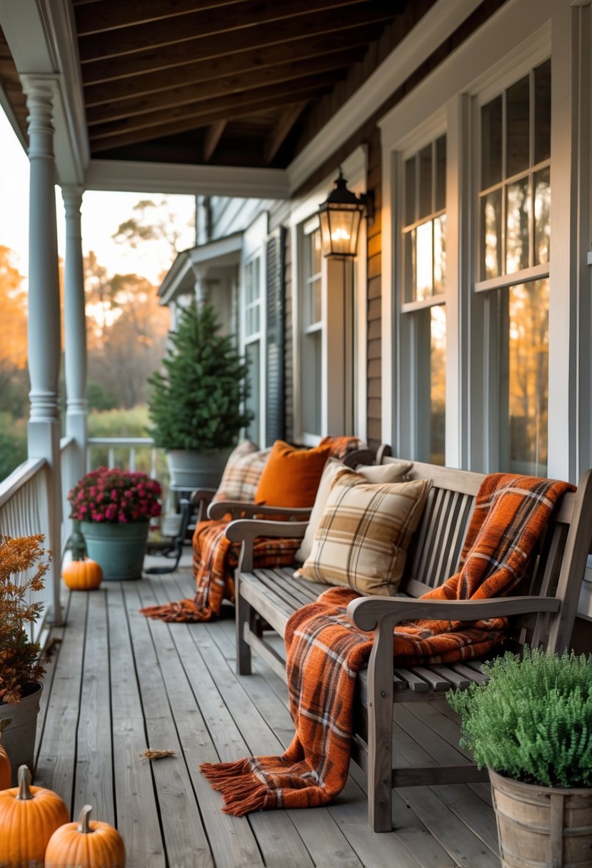 Wooden benches on a porch with plaid throw blankets and vintage decor items.