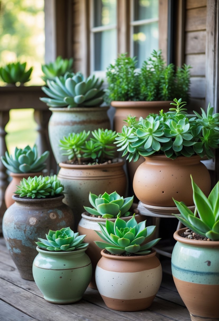 A group of different ceramic pots with various succulents arranged on a wooden porch.