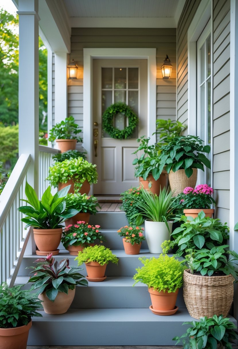 14 Front Porch Plants Perfect for Enhancing Curb Appeal and Easy Maintenance 2 A front porch with fourteen different potted plants arranged along the steps and railing, showing a variety of green leaves and colorful flowers.