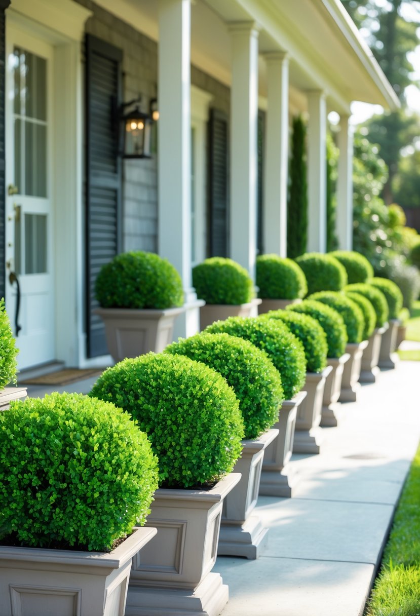 14 Front Porch Plants Perfect for Enhancing Curb Appeal and Easy Maintenance 3 Fourteen green boxwood shrubs arranged along the front porch of a house with a wooden porch and a tidy walkway.