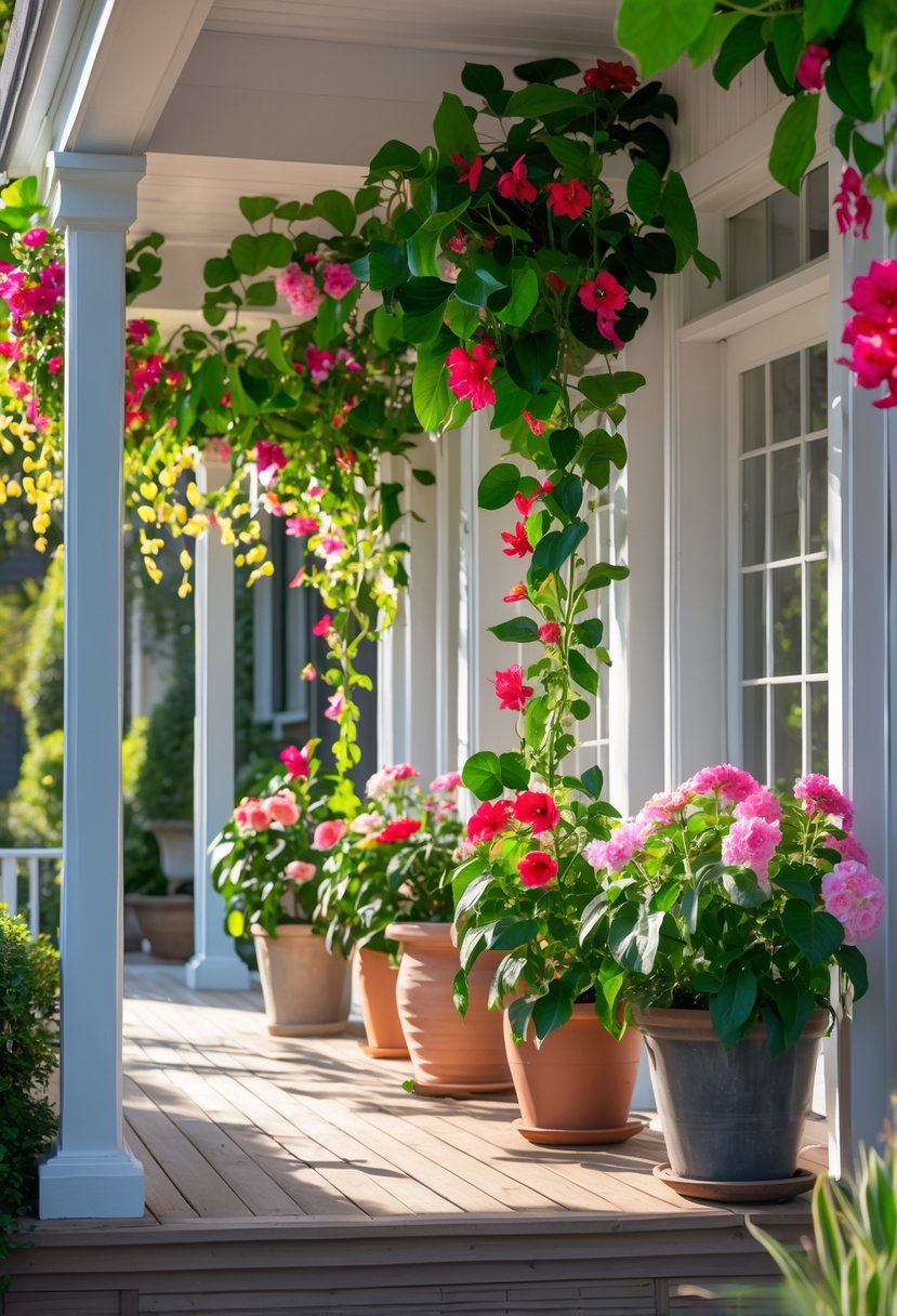14 Front Porch Plants Perfect for Enhancing Curb Appeal and Easy Maintenance 4 A front porch decorated with fourteen Mandevilla vines in pots, showing green leaves and colorful trumpet-shaped flowers.