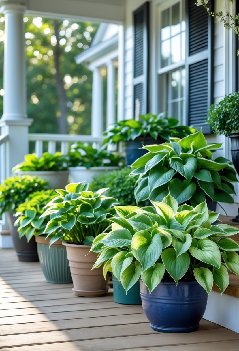 14 Front Porch Plants Perfect for Enhancing Curb Appeal and Easy Maintenance 6 Fourteen green hosta plants arranged on a wooden front porch with a house facade in the background.