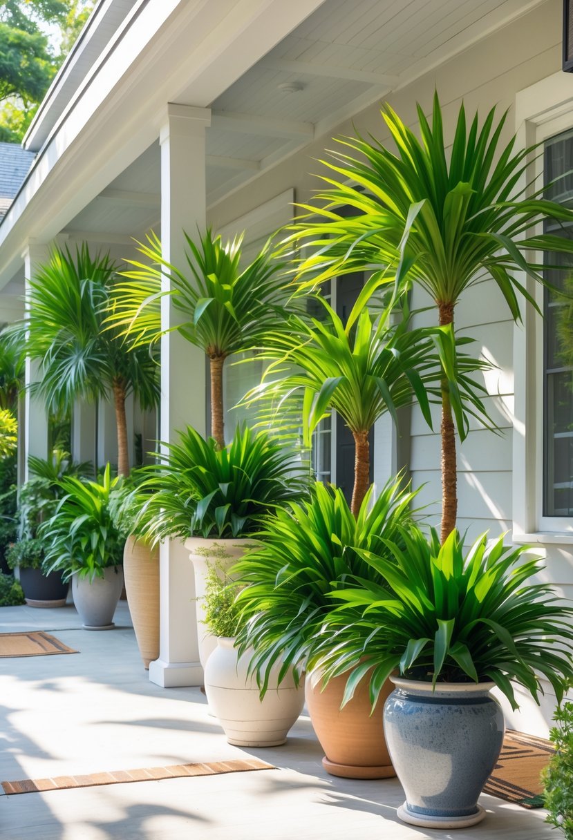 14 Front Porch Plants Perfect for Enhancing Curb Appeal and Easy Maintenance 7 Front porch with fourteen lush Majesty Palm plants in pots arranged neatly near a modern house entrance.
